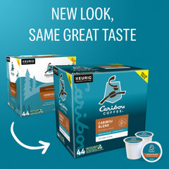 Caribou Coffee K-Cup pod lid close-up showing compatibility and easy brewing