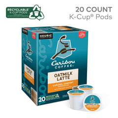 Close-up of a Caribou Coffee K-Cup pod highlighting one-step latte convenience and quality