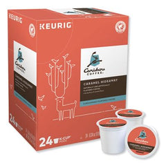 Caribou Coffee pod brewing into a cup showing caramel flavor and quick convenience