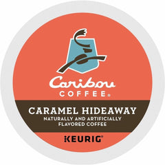 Caribou Coffee pack front showing Caribou Hideaway Caramel label and count benefits
