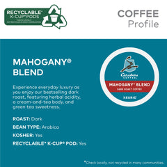 Caribou Coffee whole beans beside a Mahogany K-Cup highlighting blend origins