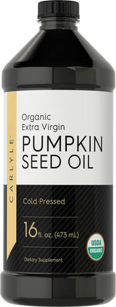 Carlyle bottle front view showing organic pumpkin seed oil and size benefit