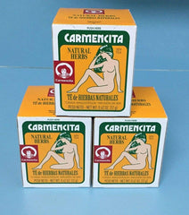 Carmencita front packaging showing three boxes and 10 individual tea bags, clear herb blend visual