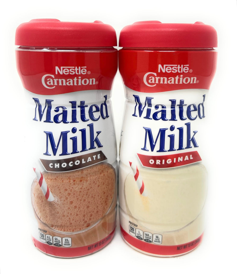Carnation chocolate malted milk bottle front view showing label and serving idea