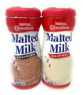 Carnation chocolate malted milk bottle front view showing label and serving idea