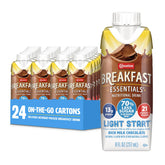 Carnation Breakfast Essentials front carton showing chocolate flavor and nutritional highlights