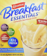 Carnation Breakfast Essentials front packaging showing 10-pack convenience and servings