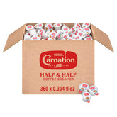 Carnation front packaging showing 360‑count and shelf‑stable convenience