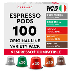 Carraro front packaging showing 100 pods and variety listing for easy selection