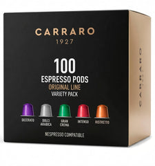 Carraro front packaging showing 100 pods and variety pack benefits