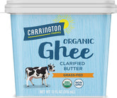 Carrington Farms ghee front jar showing organic label and cooking use benefit