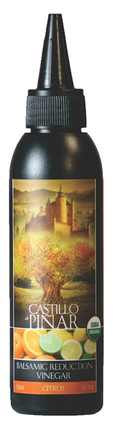 Castillo De Pinar front label showing organic citrus balsamic, clear product identity and appeal