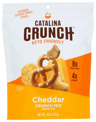 Catalina Crunch front pack showing cheddar mix and resealable bag for freshness