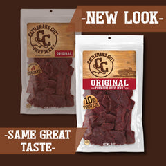 Cattleman's Cut close-up texture of marinated steak jerky highlighting tenderness
