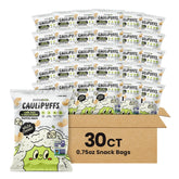Caulipuffs front packaging showing white cheddar flavor and 30-count convenience
