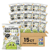Caulipuffs front packaging showing white cheddar flavor and benefits