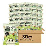 Caulipuffs front packaging showing 30-count bags and salt & pepper flavor benefit convenience