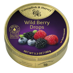 Cavendish & Harvey tin front view showing wild berry drops and elegant packaging appeal