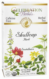 Celebration Herbals front packaging showing organic skullcap and 24-bag count for easy storage