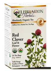 Celebration Herbals front packaging showing organic red clover tea, clear branding and benefits