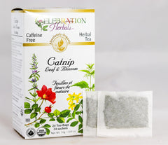 Celebration Herbals teabag close-up displaying fine catnip leaf and blossom blend