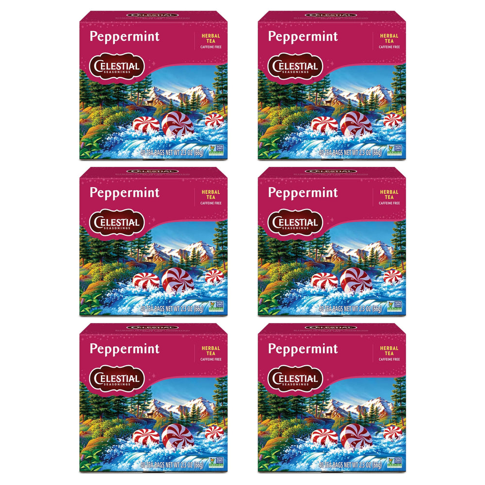 Celestial Seasonings front packaging showing six peppermint tea boxes for convenience
