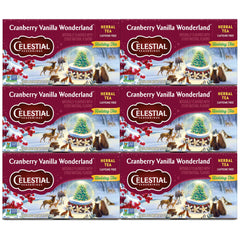 Celestial Seasonings front packaging showing six 18-count boxes and seasonal design, clear supply benefit