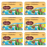 Celestial Seasonings box front showing ginger probiotic tea and benefits