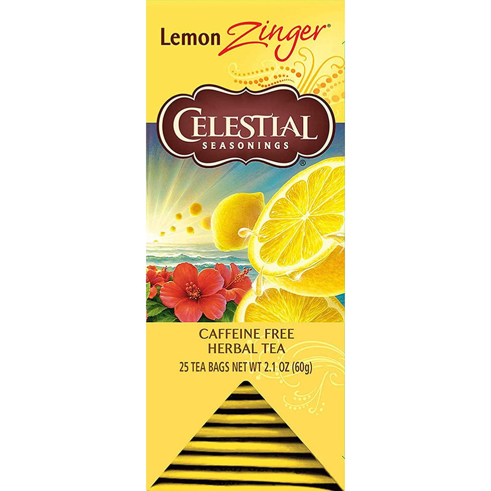 Celestial Seasonings Lemon Zinger front box showing branding and citrus imagery, highlights convenience