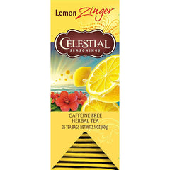 Celestial Seasonings Lemon Zinger front box showing branding and citrus imagery, highlights convenience