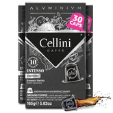 Cellini front packaging showing 30 capsules and bold dark roast benefit