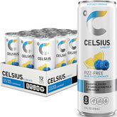 CELSIUS front packaging of blue razz lemonade 12-pack showing slim cans and branding, convenient storage