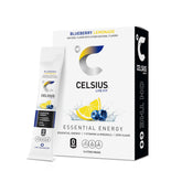 CELSIUS box front showing Blueberry Lemonade flavor and 14 sticks, clear benefit portability
