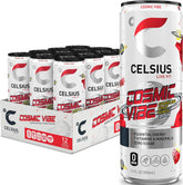 CELSIUS Cosmic Vibe front can showing bright fruit punch design and portability benefit