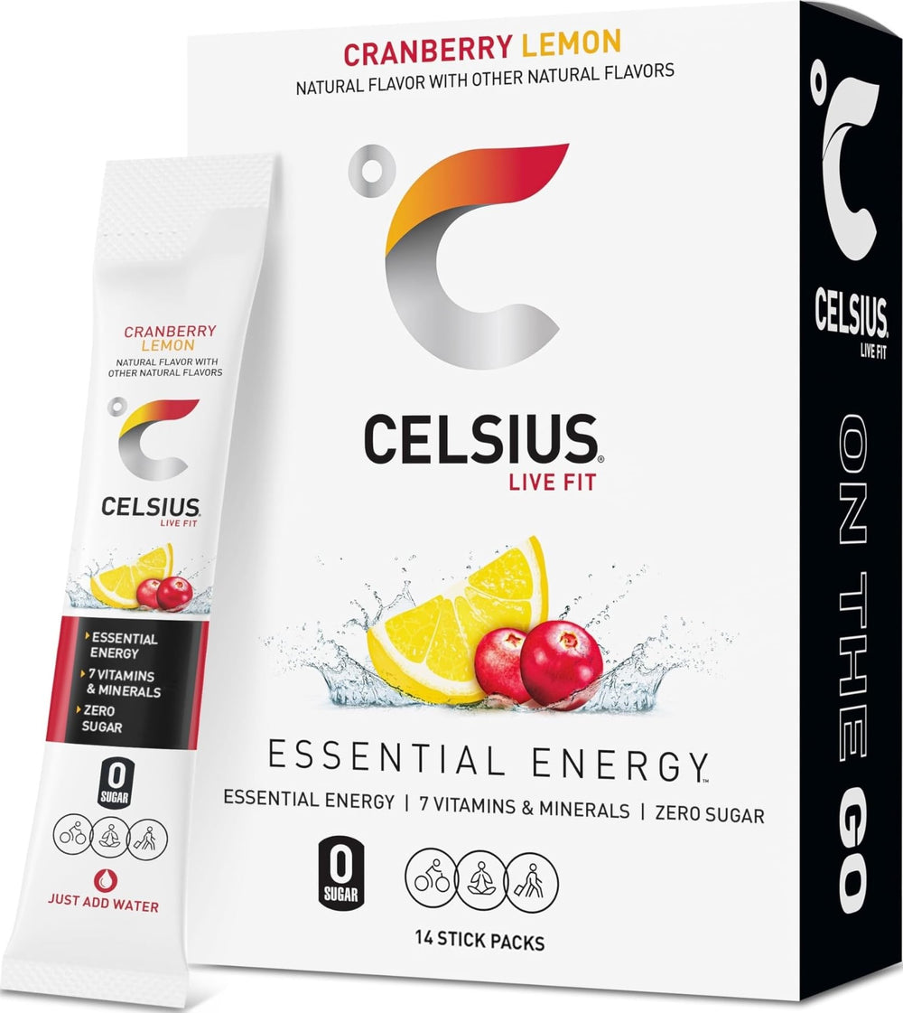 CELSIUS box front packaging showing cranberry lemon flavor and 14 sticks, convenient energy