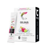 CELSIUS front packaging showing dragonfruit lime and 14 sticks, portable energy