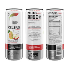 CELSIUS slim can side label detail highlighting MetaPlus ingredients and vitamin list