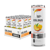 CELSIUS front packaging showing peach mango green tea and benefits