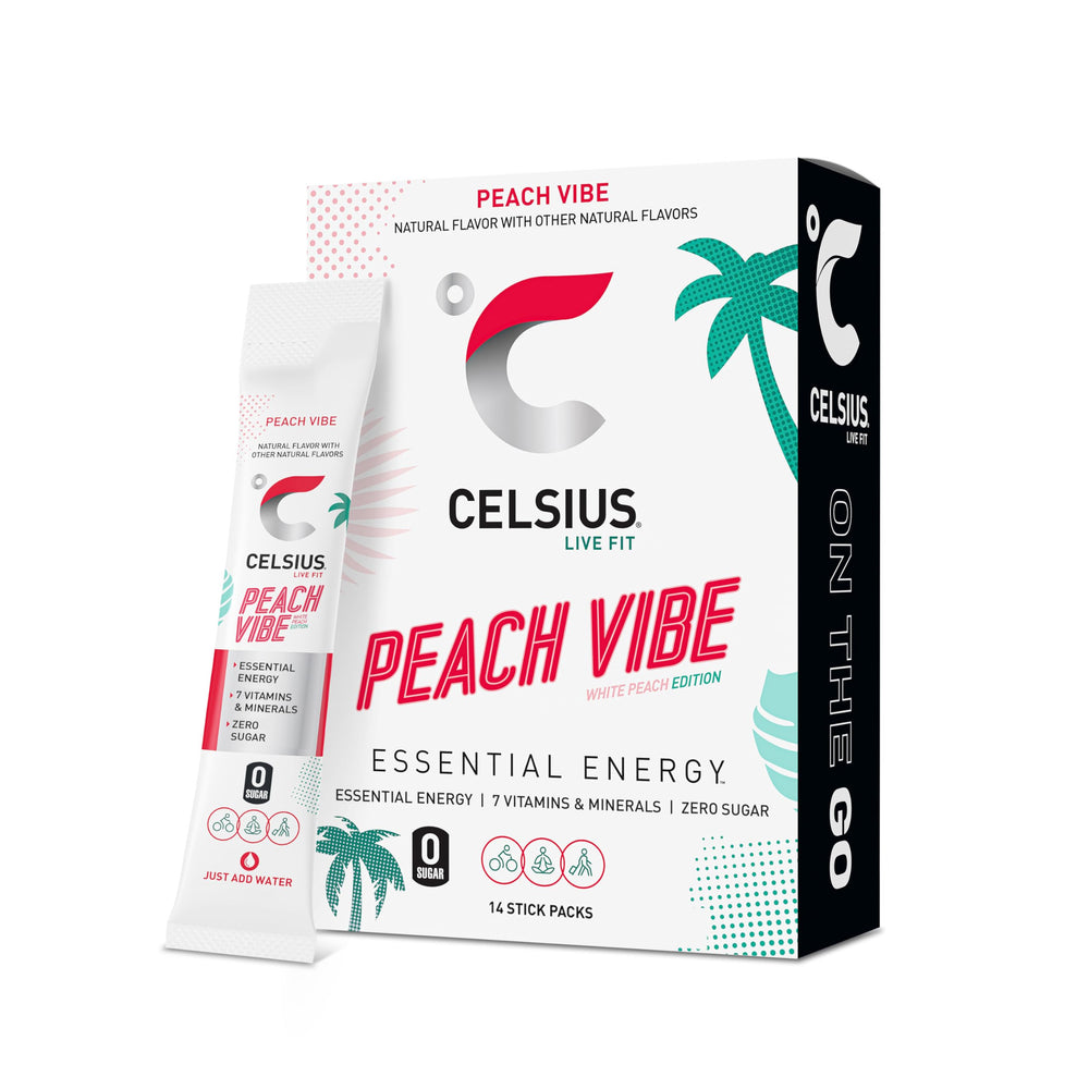 CELSIUS front packaging showing 14 peach vibe sticks and benefits