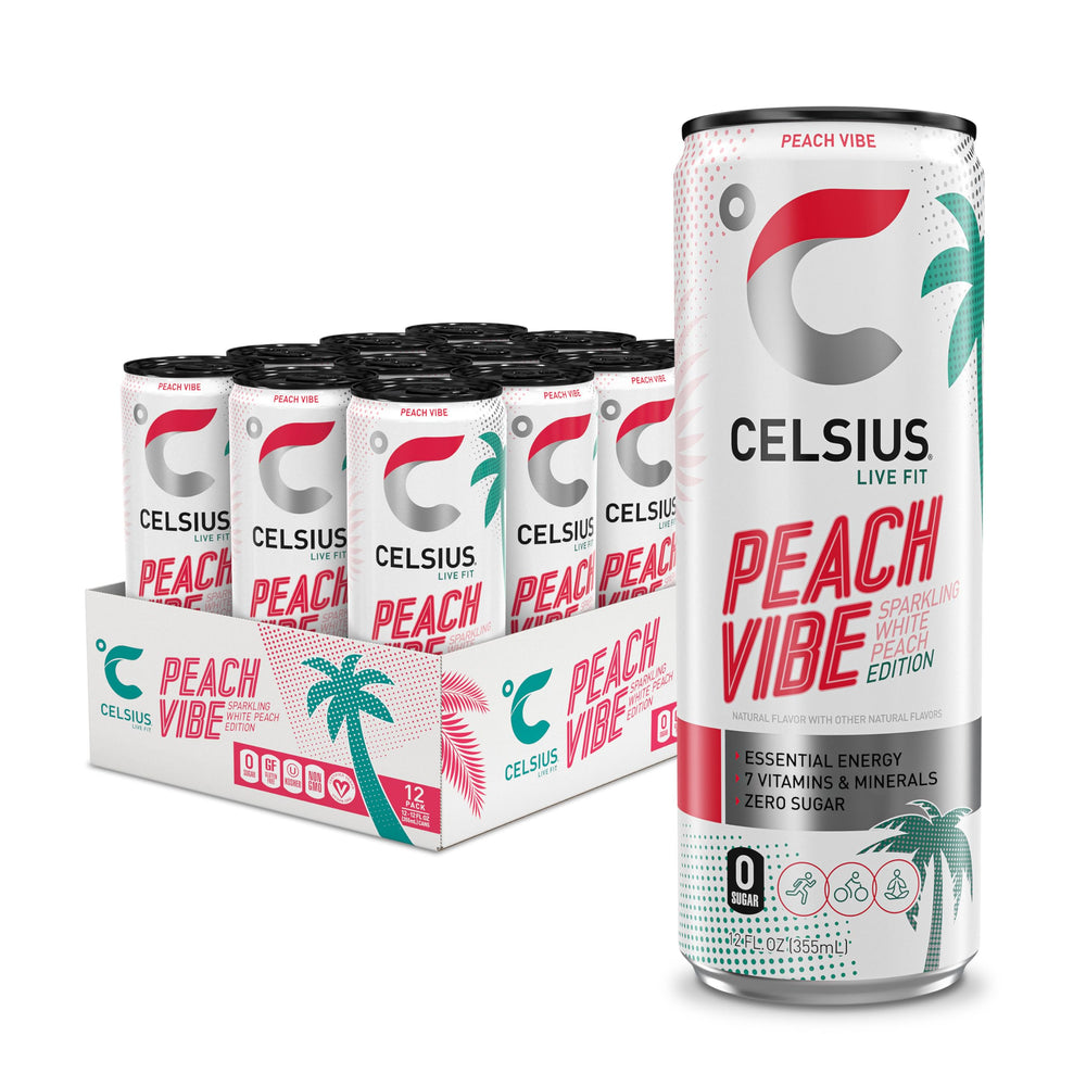 CELSIUS front packaging showing 12-pack and peach can, energizing convenience