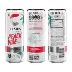 CELSIUS slim can side view displaying brand and caffeine, portable boost
