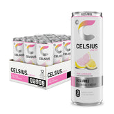 CELSIUS can front packaging showing pink lemonade branding and benefits