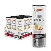 CELSIUS front packaging of Fuji Apple Pear showing 12-pack convenience and vibrant branding
