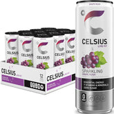 CELSIUS front packaging of Sparkling Grape Rush showing label and slim can, appealing convenience