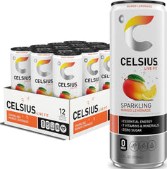 CELSIUS front packaging showing 12-pack slim cans and brand energy benefits