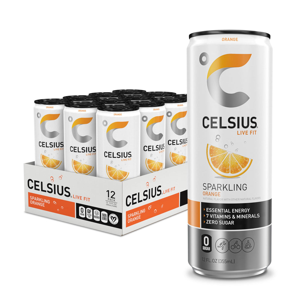 CELSIUS front packaging showing orange can and brand benefits for quick grab-and-go energy