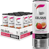 CELSIUS front packaging showing 12-pack and vibrant fruit design, appeals to active users