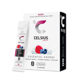 CELSIUS front packaging of 14 berry powder sticks shows compact travel benefit