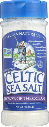 Celtic Sea Salt shaker front view showcasing the fleur de sel and label benefit