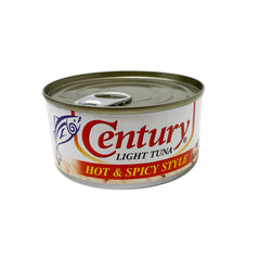 Century Tuna open can displaying large hot and spicy flakes for quick meals